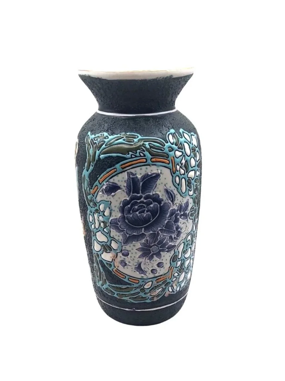 Sukhothai Floral Textured Vase Hand Painted Porcelain Oriental Flared Top Vtg